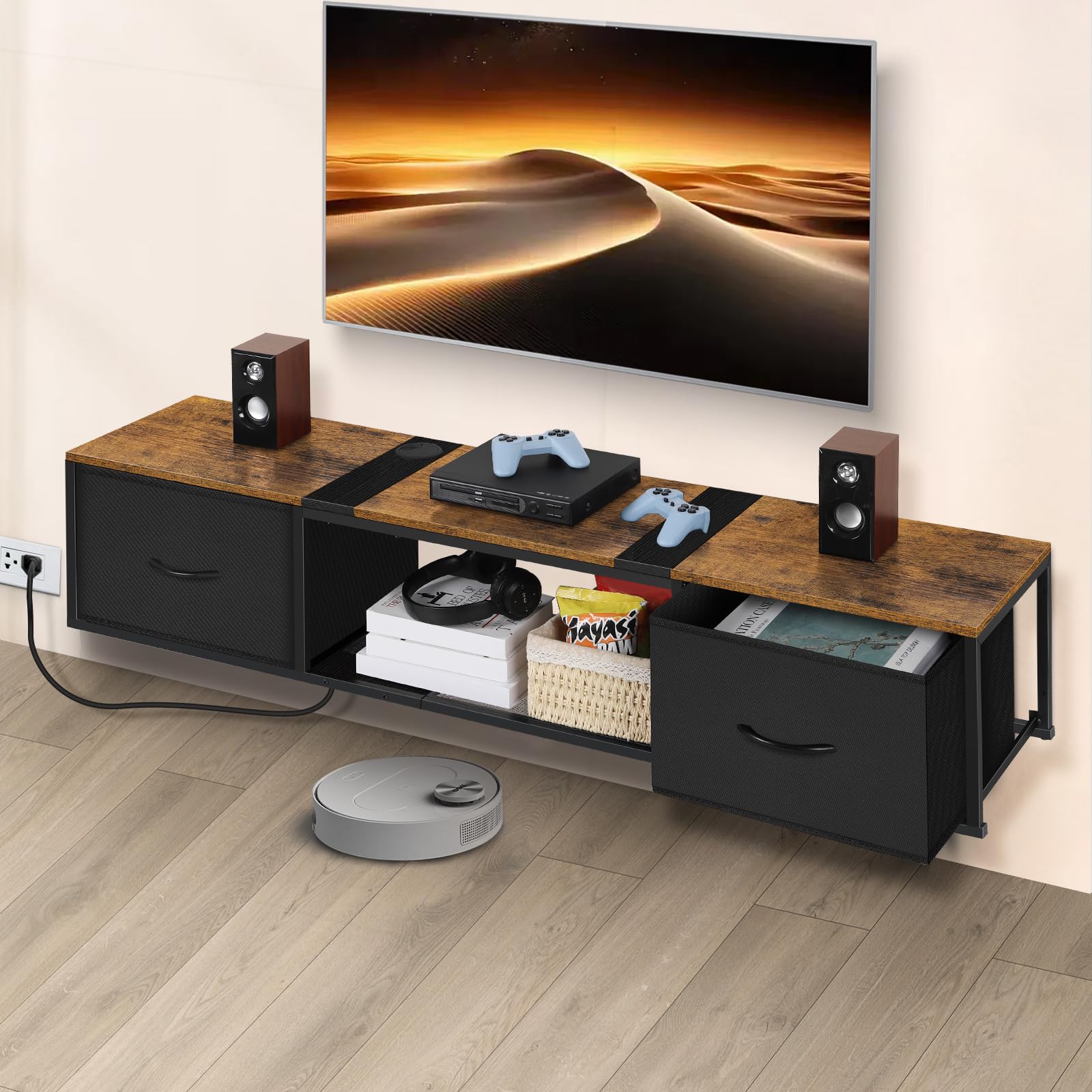 Photo 1 of Floating TV Stand with Power Outlet Modern Wall Mounted TV Console Shelf Cabinet with Drawers for Under TV Storage, Entertainment Center, Living Room, Bedroom, Guest Room, Rustic Brown and Black