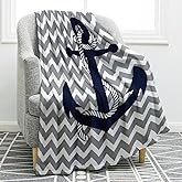 Jekeno Nautical Anchor Blanket Navy Tie Pattern with Gray and White Chevron Ripple Waves Print Gifts for Kids Boys Men Home Bedroom Living Room Decor Soft Cozy Lightweight Throw Blankets 50"x60"