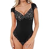 Popilush Lace Tops Body Suits for Womens Tummy Control Shapewear Bodysuit V Neck Party Date Night Outfit Body Shaper