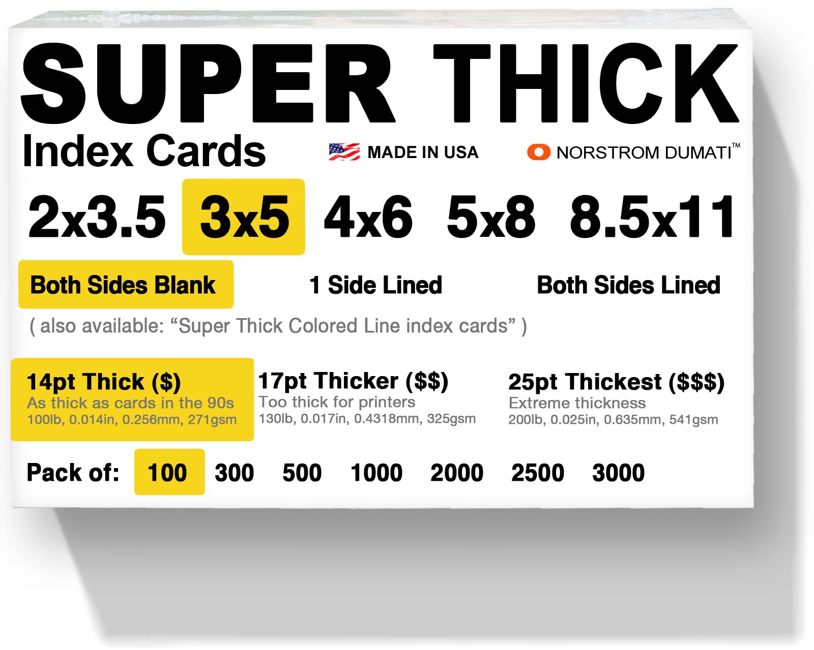 100 SUPER THICK index cards / 3"x5" / 14pt