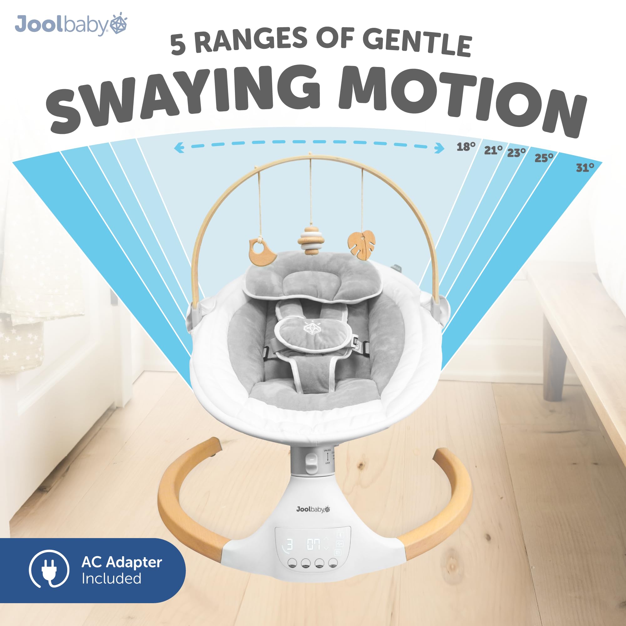 Jool Baby Nova Nature Baby Swing for Newborns with Natural Wood Toys, Electric Motorized Infant Swing, Bluetooth Music, Remote (Gray)