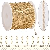 KYUNHOO 32.8FT/10M KC Gold Plated Iron Jewelry Making Chains Small Paperclip Chain Spool on Roll for Craft Making with Lobster Clasps and Jump Rings