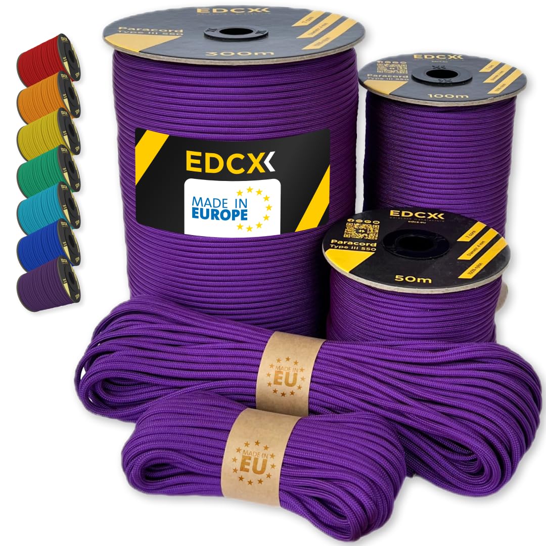 EdcX Paracord 4mm, 35+ Solid Colors (10m, 15m, 30m, 50m, 100m, 300m) | Ideal for Crafting, DIY, Camping, Survival, Outdoor | 100% Nylon Rope 4mm | Tactical Cord 550 Type III (Purple, 100 m) — image 1