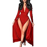 GOKATOSAU Women's Sexy Plunge V Neck Long Sleeve Double High Split Bodycon Long Maxi Dress