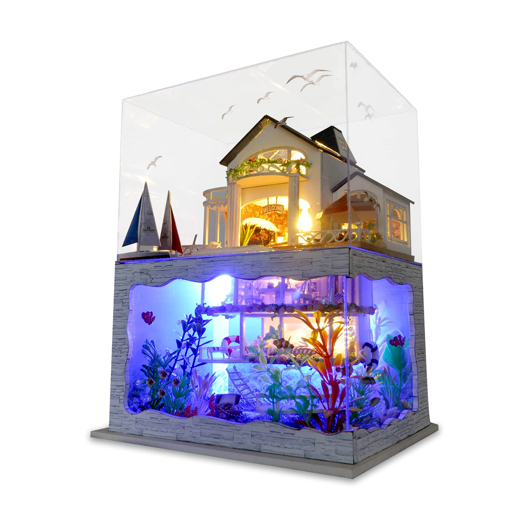 GuDoQi DIY Miniature Dollhouse Kit, Tiny House kit with Furniture and Dust Proof, Miniature House Kit 1:24 Scale Beachside Bungalow, Great Handmade Crafts Gift for Birthday Easter Day