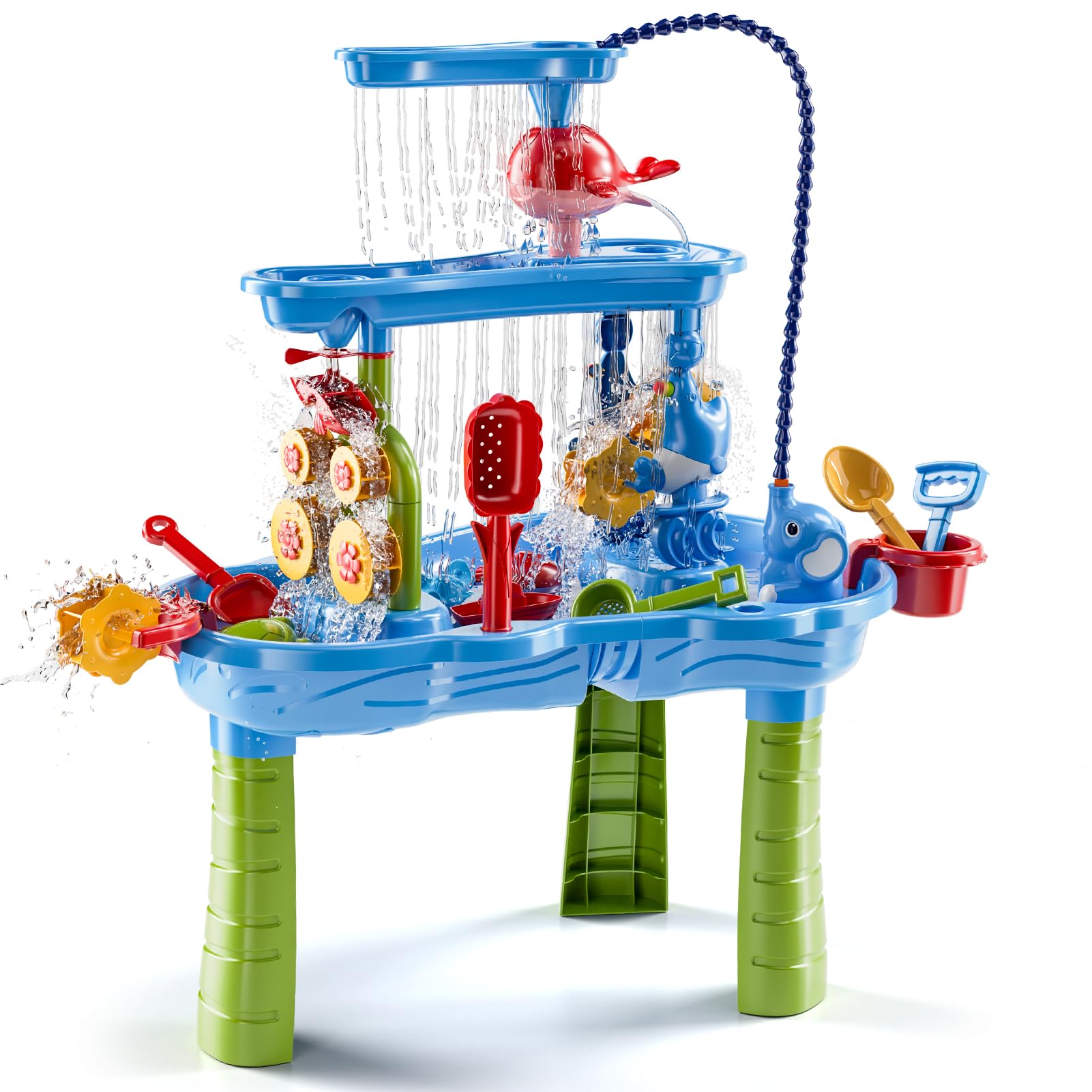 BLmukce 3-Tier Sand and Water Table for Kids Toddlers with Pumping Elephant Ages 2 3+ 4-8, Outdoor Summer Beach Sensory Play Activity Toys, Water Pool Table, Birthday Gifts for Boys Girls