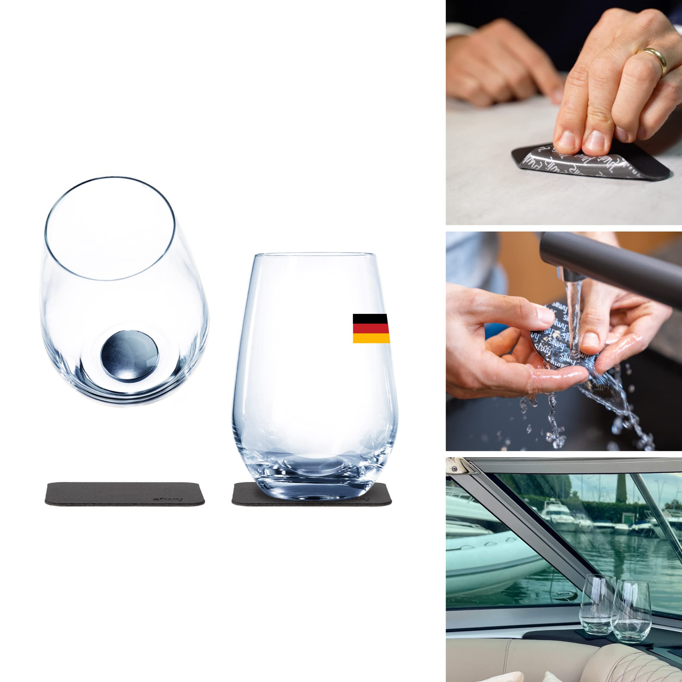 silwy Magnetic System, Crystal Glasses with Integrated Magnet and Metallic Coasters – Non-Slip Camping Glasses, Boat Yacht Accessories // longdrink