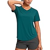 Womens Workout Tops V-Neck Short Sleeve UPF 50+ Sun Shirt Moisture Wicking Quick Dry Top for Gym, Running, Athletic