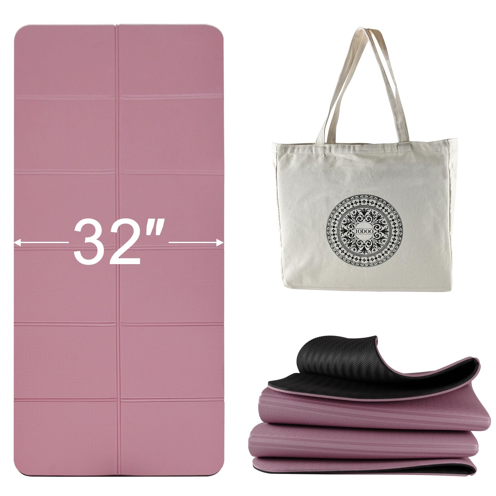 Photo 1 of iodoo Foldable Yoga Mat 72" L x 32" W x 0.32 Inch Extra Thicked and Wided, Folding Yoga Mat for Travel with Canvas Carrying Bag, Non-Slip TPE Exercise Pilates Mat (Black-Pink)