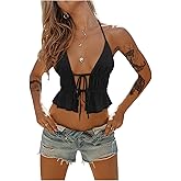 SweatyRocks Women's Tie Front Halter Tops Backless Ruffle Hem Crop Party Rave Textured Tops