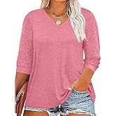 Beautife Womens Plus Size Tops Lace 3/4 Sleeve V Neck Tunic Shirts Casual Loose Fit Curvy Blouse