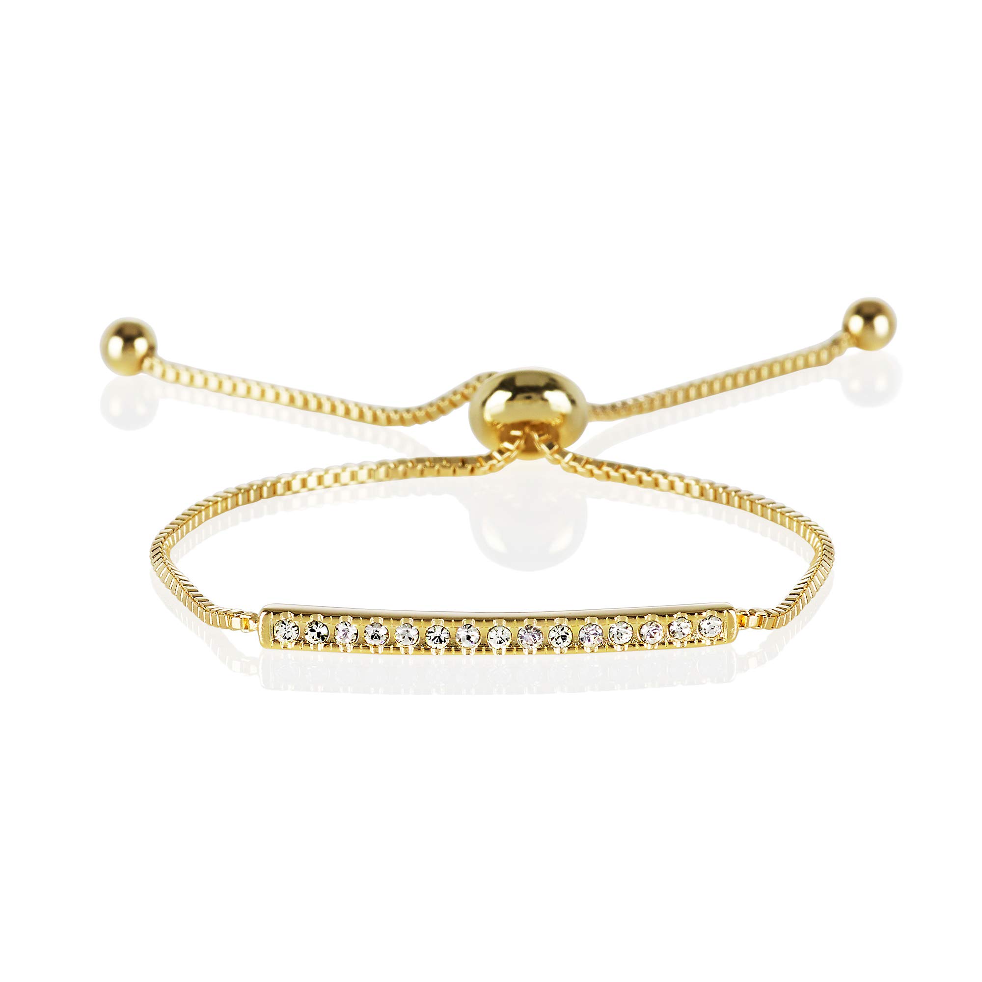 Namana Rose Gold Plated or Silver Coloured Crystal Bar Bracelet. Cube Chain Bracelet with Adjustable Bead Fastening