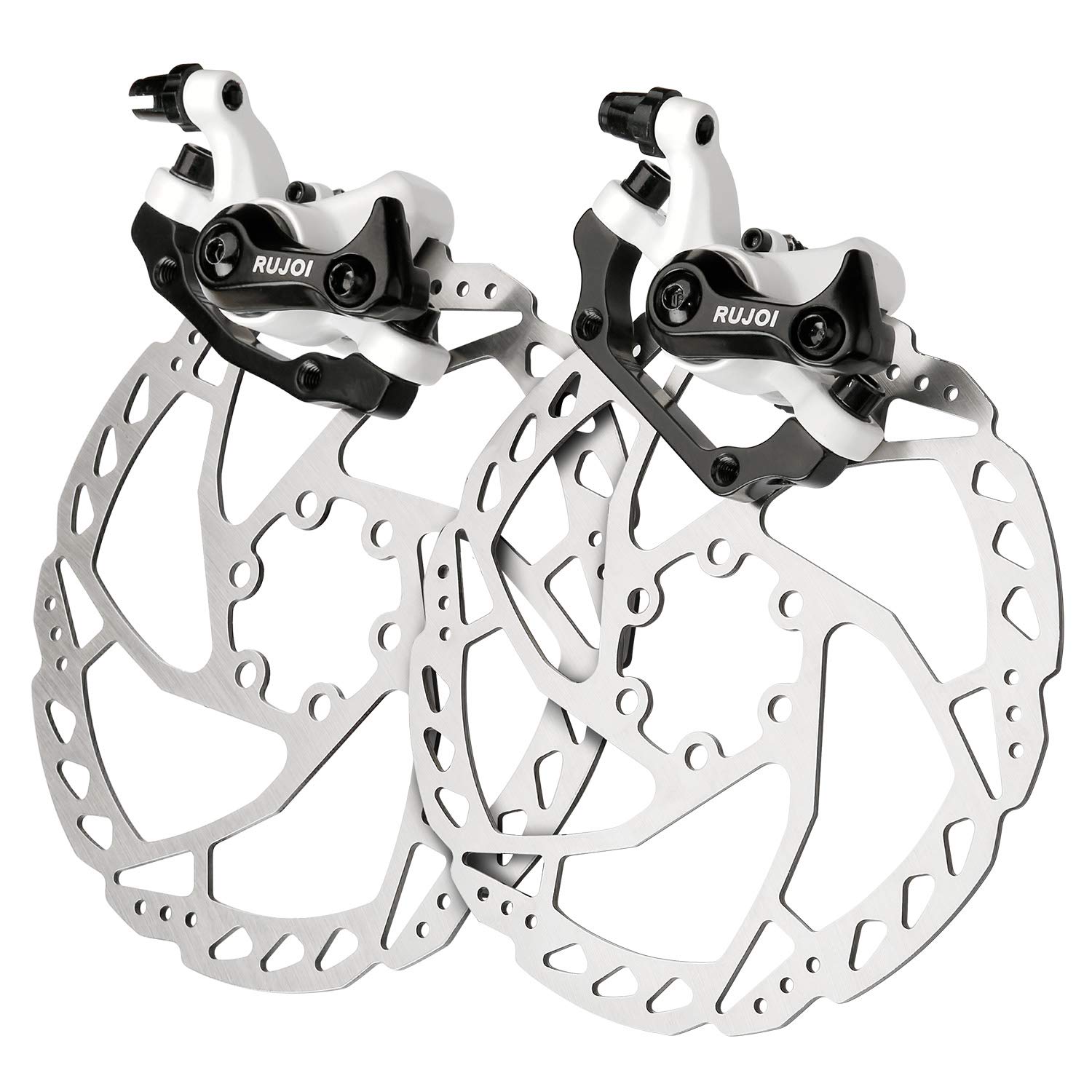 RUJOI Bike Disc Brake Kit, Aluminum Front and Rear Caliper, 160mm Rotor, Mechanic Tool-Free Pad Adjuster for Road Bike, Mountain Bike White (2 Sets)