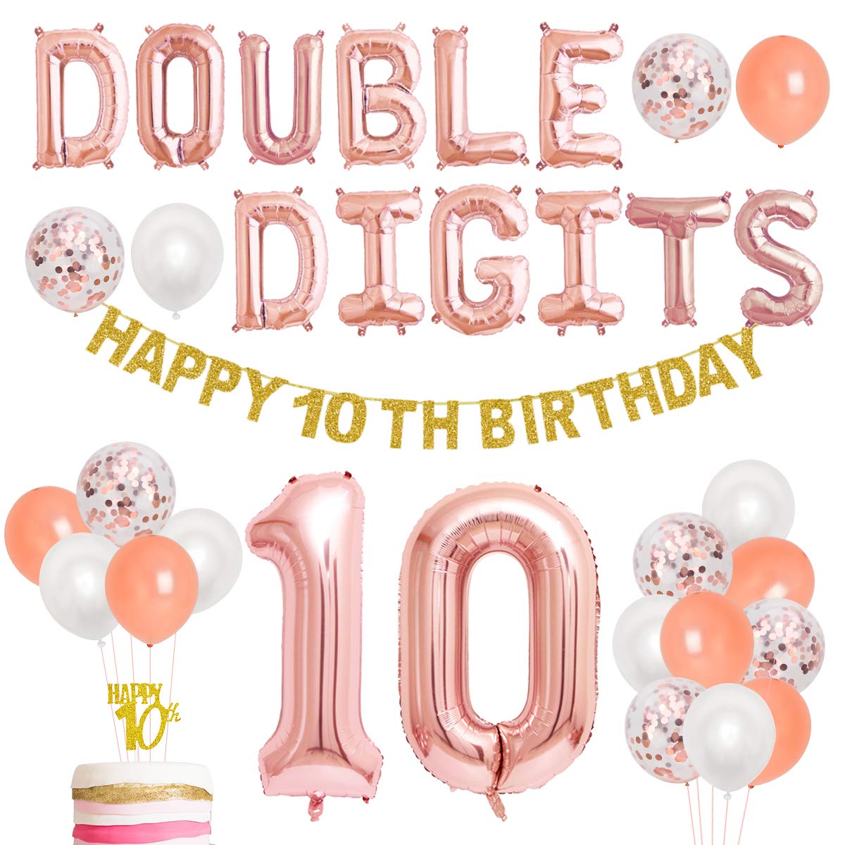 JOYMEMO Double Digits 10th Decorations Set Rose Gold, Double Digits Banner, Number 10 Balloon, Happy 10th Birthday Garland, Cake Topper for Girls 10 Years Old Birthday Party Supplies