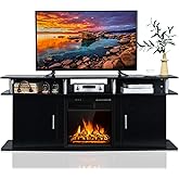 Tangkula Fireplace TV Stand, Living Room Media Console Table w/1500W Electric Fireplace for TVs up to 70 Inches, Modern TV Console w/Fireplace, Remote Control & Adjustable Brightness (Black)