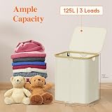 Lifewit 125L Laundry Basket with Lid Dual Compartments Bamboo Handles Cream view 2
