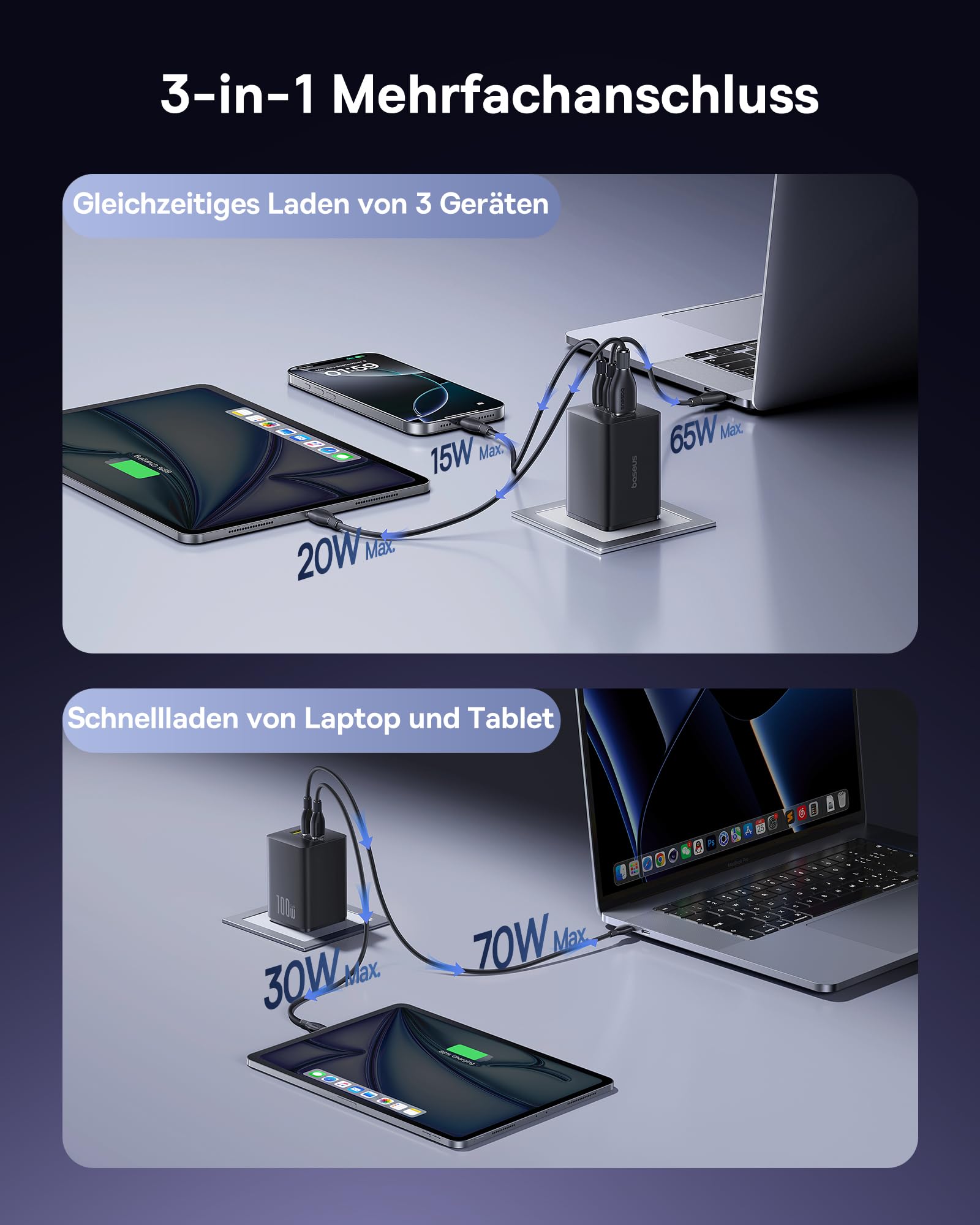 Baseus Enerfill USB C Ladegerät 100W, 3-Ports USB C Netzteil, PD Ladegerät mit PPS, GaN Schnellladegerät kompatibel mit MacBook Pro/Air, iPad, Laptop, iPhone 17/16/15/14, Galaxy S25, Pixel, Schwarz 3