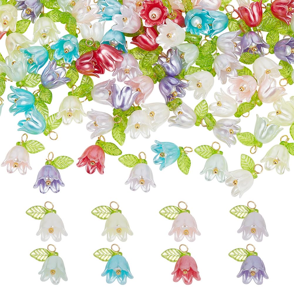 arricraft 80 Pcs 8 Colors Acrylic Flower Charms Pendants, Colorful Spring Theme Flower Dangle Charm Beads Pearl Floral with Leaf Charms for Women DIY Jewelry Making, 2mm Hole