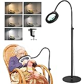Krstlv 10X Magnifying Glass with Light and Stand, 24" Flexible Gooseneck Magnifying Floor Lamp, 3-in-1 LED 5 Color Modes Stepless Dimmable Lighted Magnifier Hands Free for Close Work, Hobby, Reading