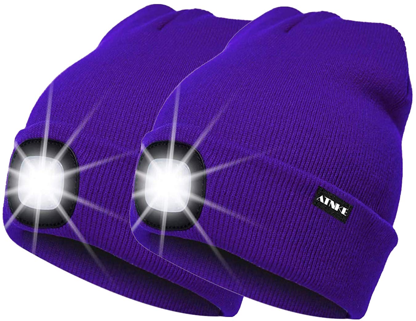 ATNKE 2Pcs New Warm LED Lighted Beanie Cap Unisex USB Rechargeable Running Hat Ultra Bright 4 LED Waterproof Light Lamp Multi-Color/Purple