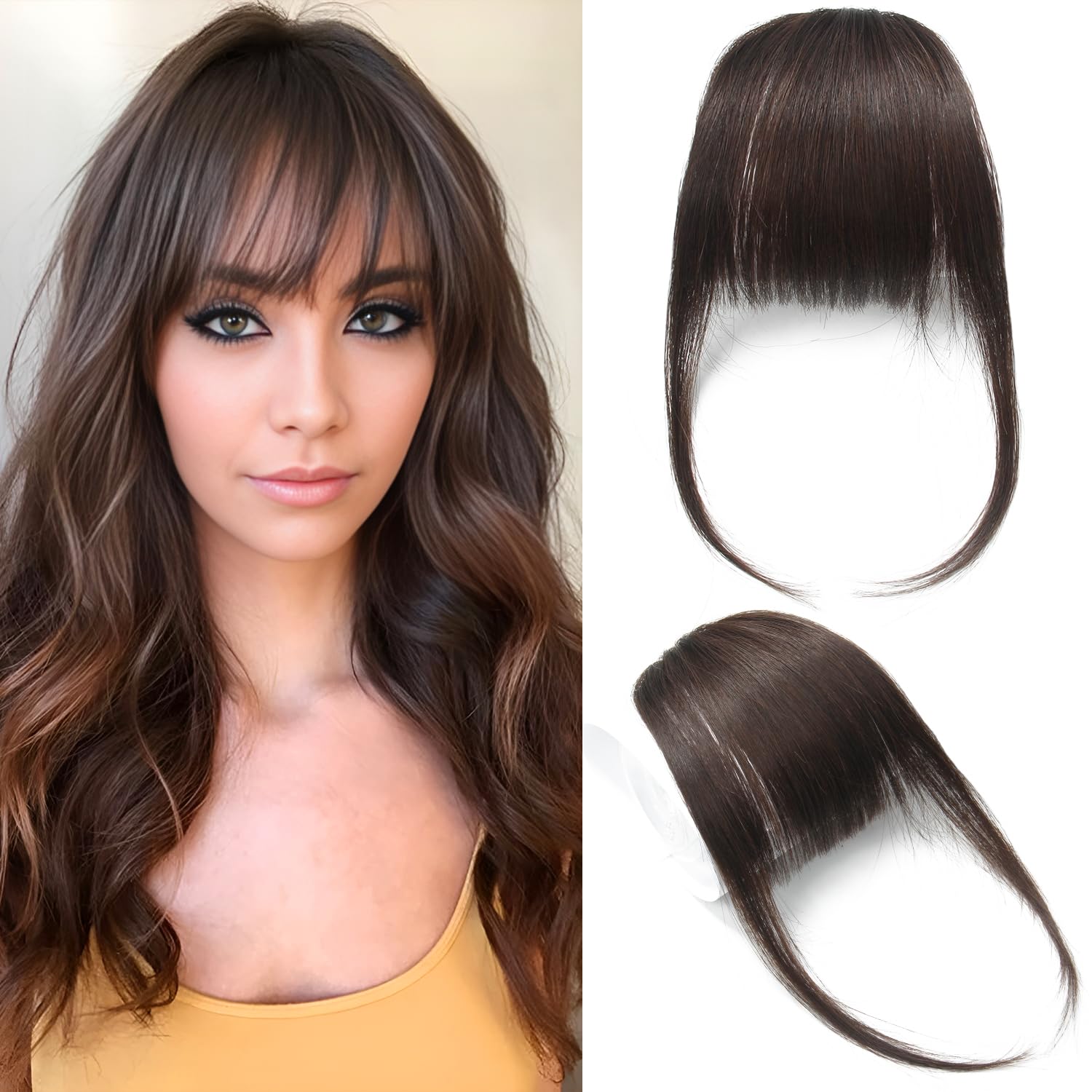 Fringe Hair Clip in Bangs Real Human Hair Bangs Hair Extensions Flat Bangs with Temples, Dark Brown Color
