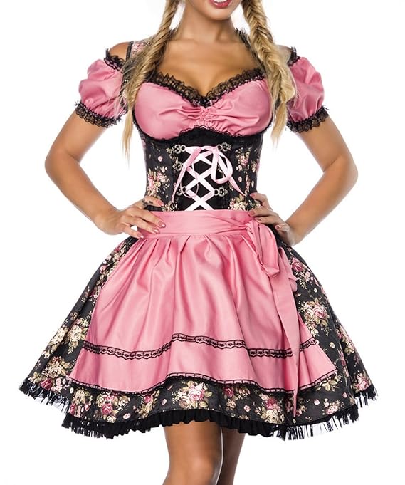 Yourdesignerz Dirndl Kleid Kostüm mit Bluse und Schürze aus Denim Stoff und Spitze Oktoberfest Dirndl schwarz/rosa