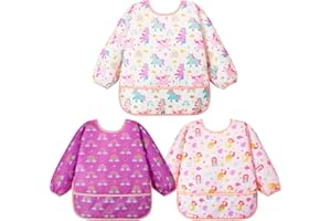 Lictin 3 Pcs Baby Bibs,Waterproof Long Sleeve Bibs for Toddlers, Adjustable Closure Baby Smock for Boys and Girls