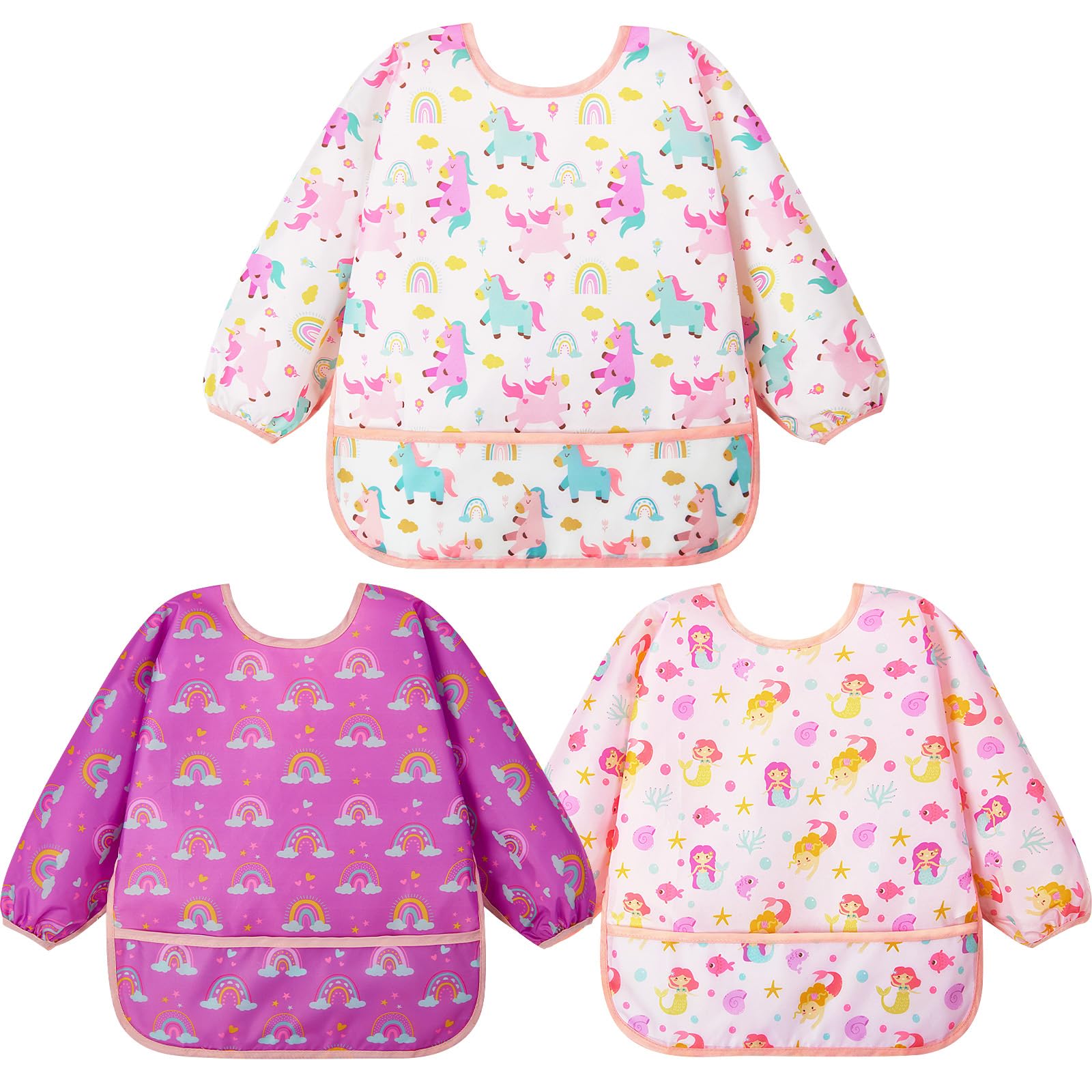 Lictin 3 Pcs Baby Bibs for Boy or Girl,Long Sleeve Bib,Waterproof Bibs for Toddlers,Adjustable Closure Baby Smock,6-24 Months