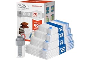 ETENWOLF 20 Pack Vacuum Storage Bags with Rechargeable Wireless Pump, Vacuum Seal Bags for Clothes and Travel, Space Saver Bags in Multiple Carry-On Sizes, Perfect for Luggage and Suitcases