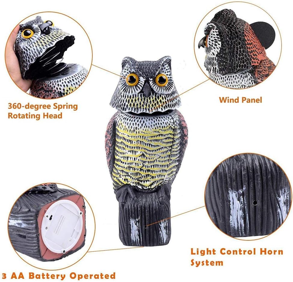 Skyoo Owl Decoy with Rotating Head,Premium Bird Repellent Fake Owl Decoy Pest Repellent for Garden 14.2 Inches Tall