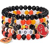 GolbalJew Halloween Beaded Bracelets for Women 7 Pcs Stackable Stretch Surfer Heishi Vinyl Disc Clay Bracelet Gifts Ghost Pumpkin Bat Charm Crystal Beads
