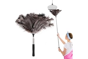 RONSUNG Ostrich Feather Duster with Telescoping Handle - Reusable Extendable Dusting Tool for Cleaning Ceiling Fan, Pendant lamp, Blinds, Furniture, Electronics, 17"- 47" L