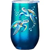 Spoontiques Sea Turtle Stainless Steel Tumbler - Insulated Wine Tumbler with Lid – Double Wall Stainless Steel Stemless Wine Glass – 16oz - 5 5/8" Tall