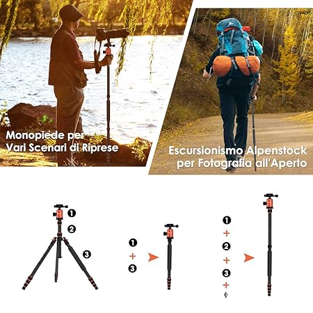 geekoto Trípode Cámara 200 cm Trípode de Fibra de carbono, caballete fotográfico monopod con 360 ° cabeza de bola panorámica, 1/4