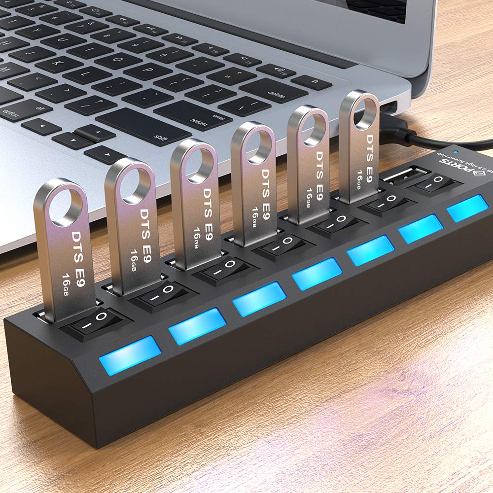7-in-1 Powered USB Hub Splitter USB 2.0 Hub Data Transfer with Individual Switches Indicator Lights for Laptop, PC, Computer, Mobile HDD, Flash Drive and More