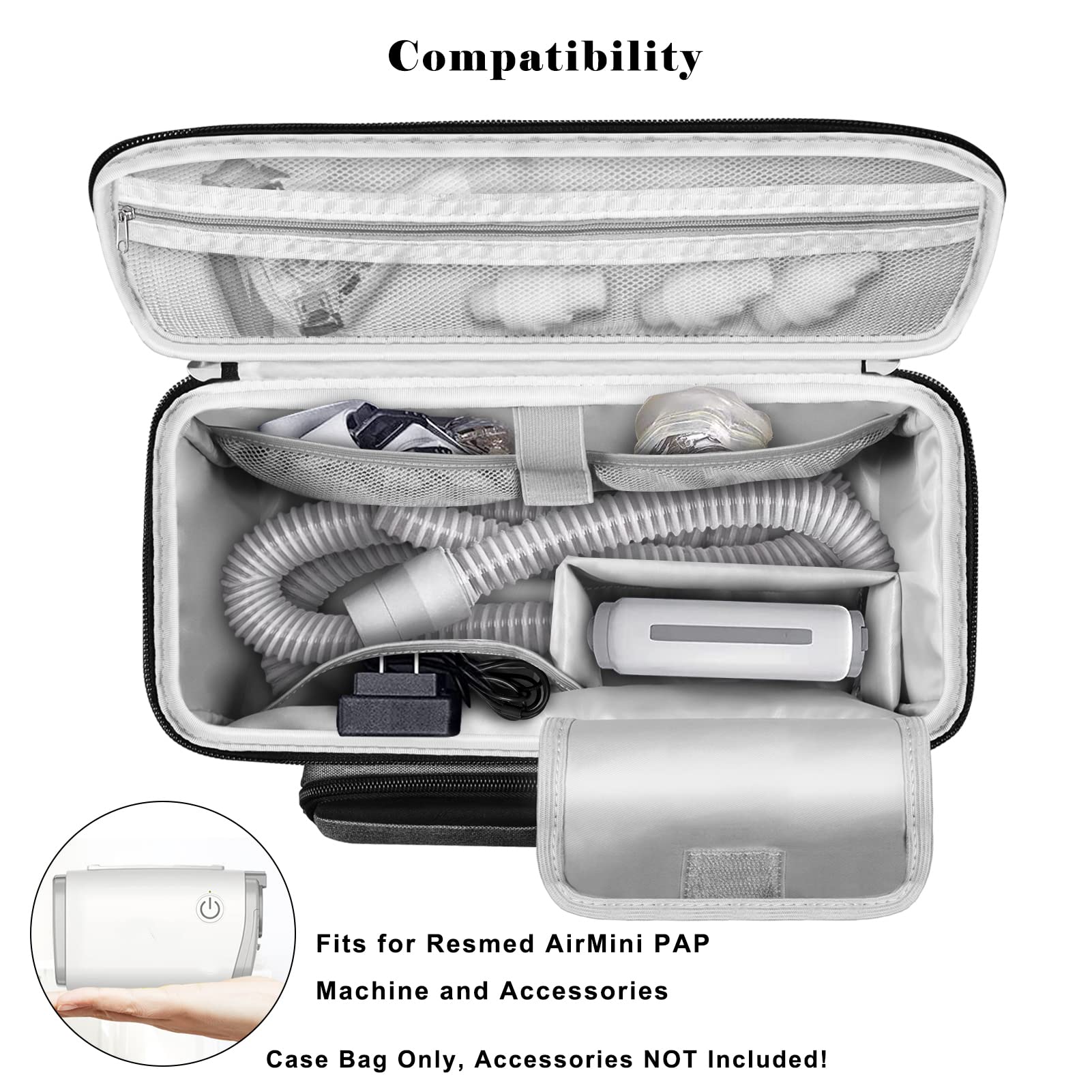 Travel Carrying Bag for ResMed AirMini CPAP Machine and Accessories, Portable CPAP Equipment and Supplies Storage Bag with Shoulder Strap, Organizer Carrying Case with Luggage Strip (Gray)