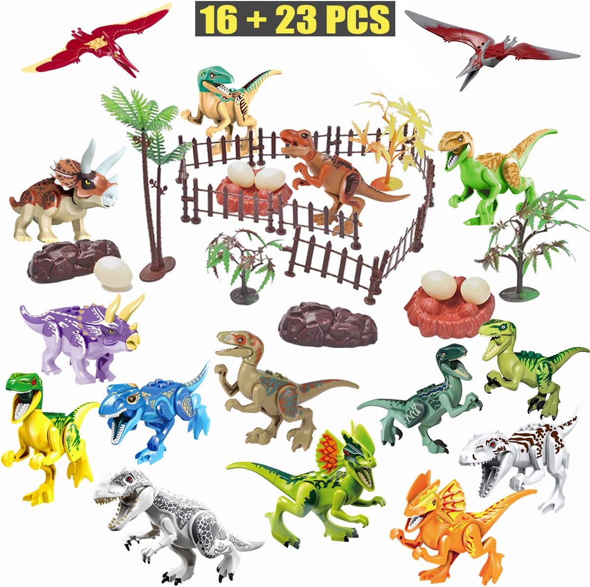 Winrase DIY Dinosaur Building Blocks Toys Set - 16pcs Buildable Jurassic Predator Herbivore Dinosaur Building Blocks Figures with Movable Jaws and 23pcs Dinosaur Scene Configuration Park