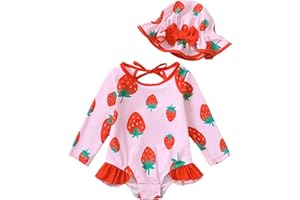 SUNNY PIGGY Baby Girls One Piece Swimsuit Long Sleeve Floral Bathing Suit+Hat 2Pcs