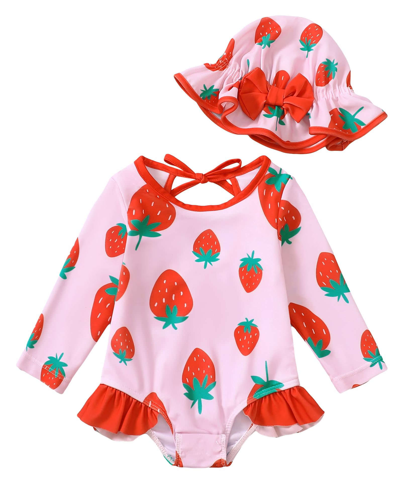 Photo 1 of **hat missing**
Baby Girls One Piece Swimsuit Long Sleeve Newborn Infant Floral Bathing Suit+Hat 2Pcs 3-6 Months Strawberry Red