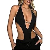 Milumia Women Cut Out Deep V Neck Bodysuit Sexy Concert Sleeveless Halter Leotards
