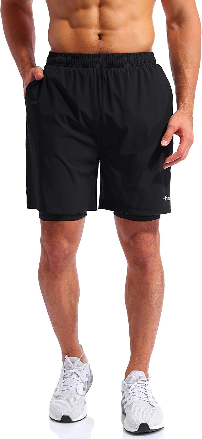 Pudolla Men’s 2 in 1 Running Shorts 7" Quick Dry Gym Athletic Workout Shorts for Men with Phone Pockets: Clothing