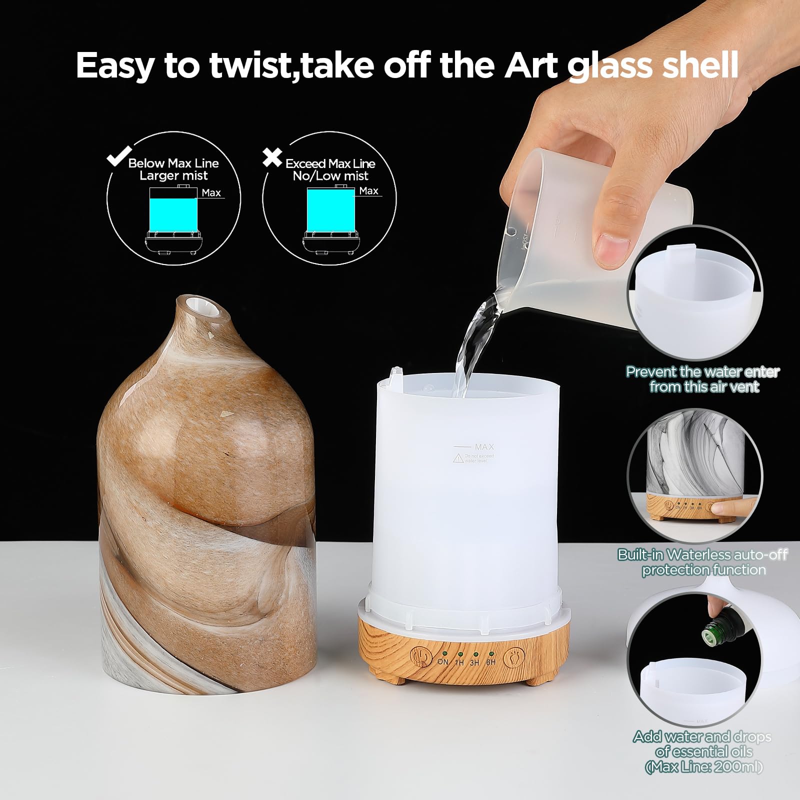 Essential Oil Diffuser Hand Blown Glass Aromatherapy Diffuser - Ultrasonic Cool Mist Scent Aroma Diffuser, Whisper Quiet with Auto Shut-Off, Timer Setting &7 Colors Night Light for Home