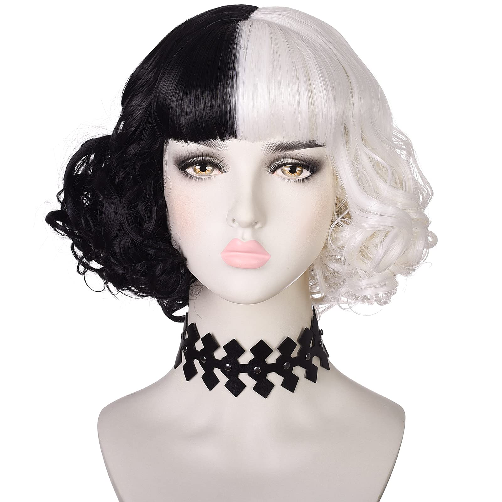 Photo 1 of morvally Black and White Wig with Necklace for Women Girls Halloween Party Short Curly Bob Synthetic wigs with bangs for Costume Cosplay Events including Choker