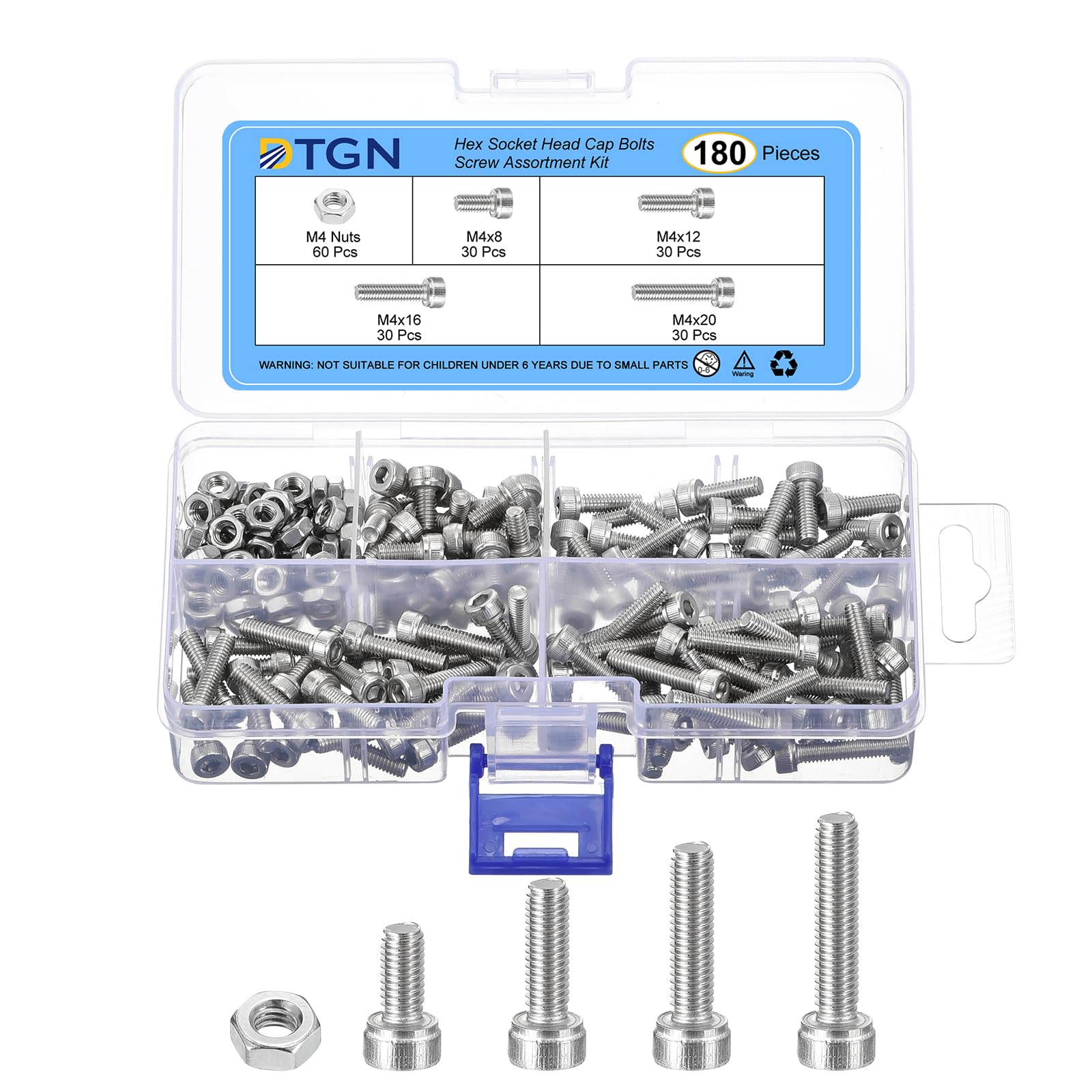 DTGN 180Pcs M4 Metric Screw Assortment, Bolts and Nuts Kit, 304 Stainless Steel M4x8/12/16/20mm Hex Socket Head Cap Screws Bolt Set for 3D Printing DIY