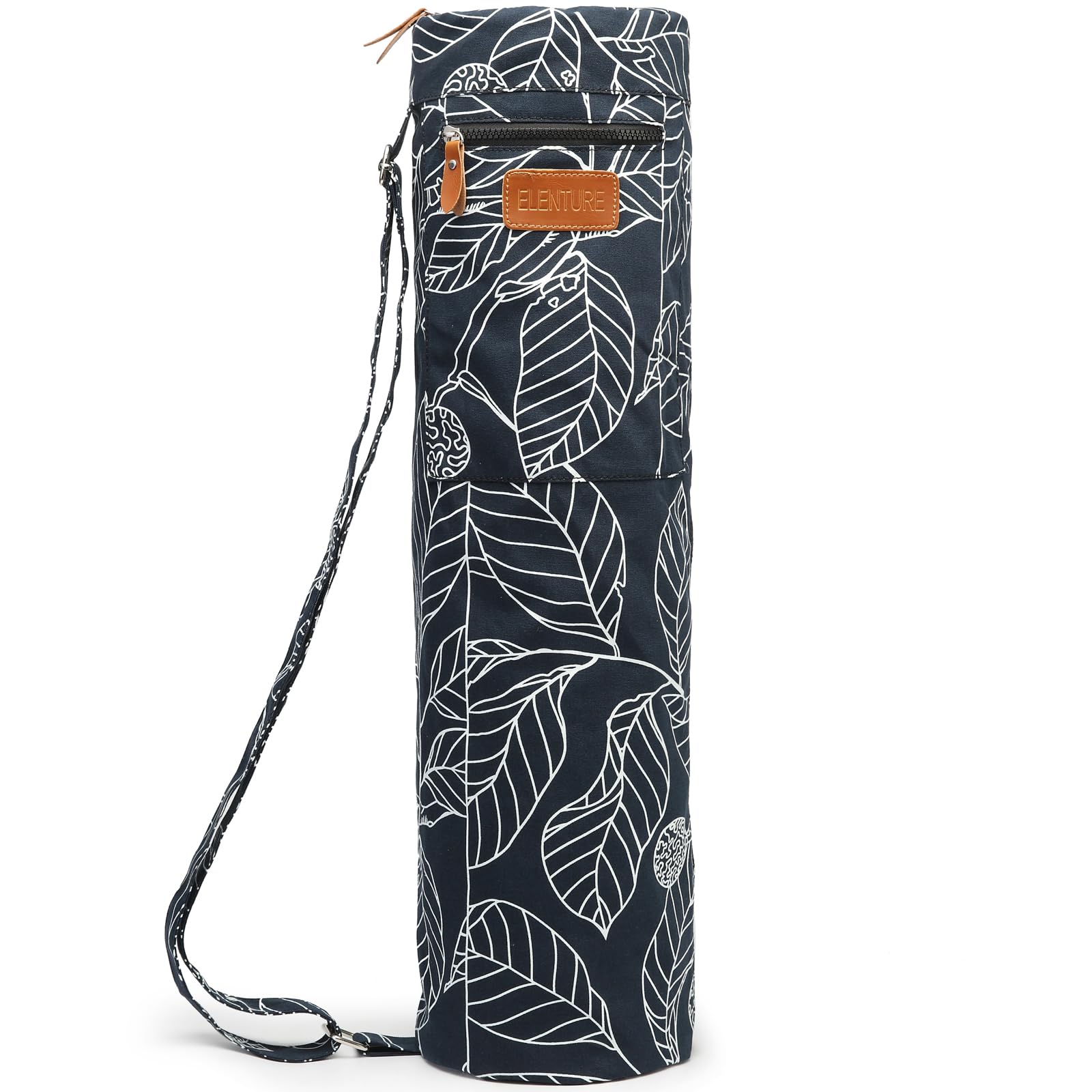 ELENTURE Full-Zip Exercise Yoga Mat Carry Bag with Multi-Functional Storage Pockets (Black Leaf)