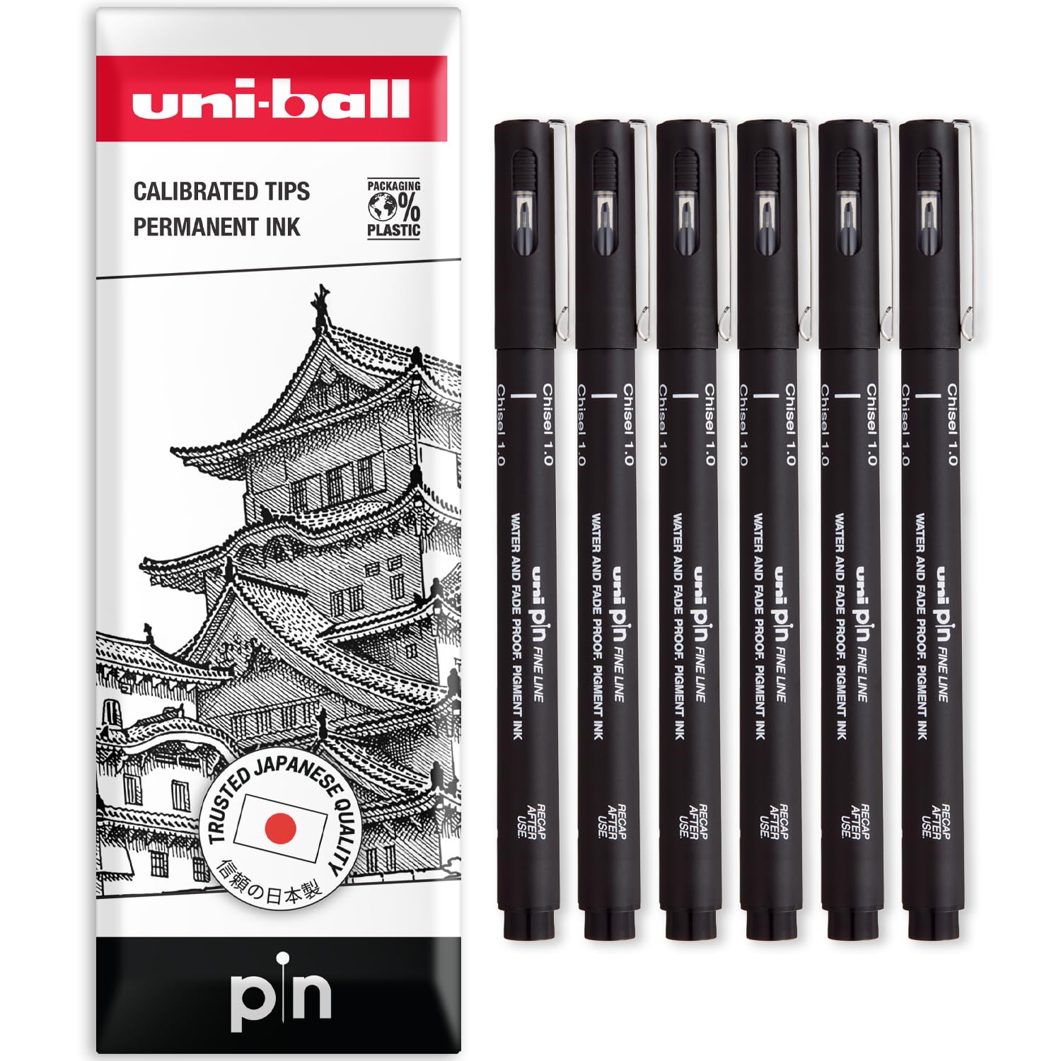 Uni Pin Fineliner Drawing Pens - Chisel Nibs - Black Ink - 1.0mm Nib - Pack of 6 - In Envelope Gift Packaging