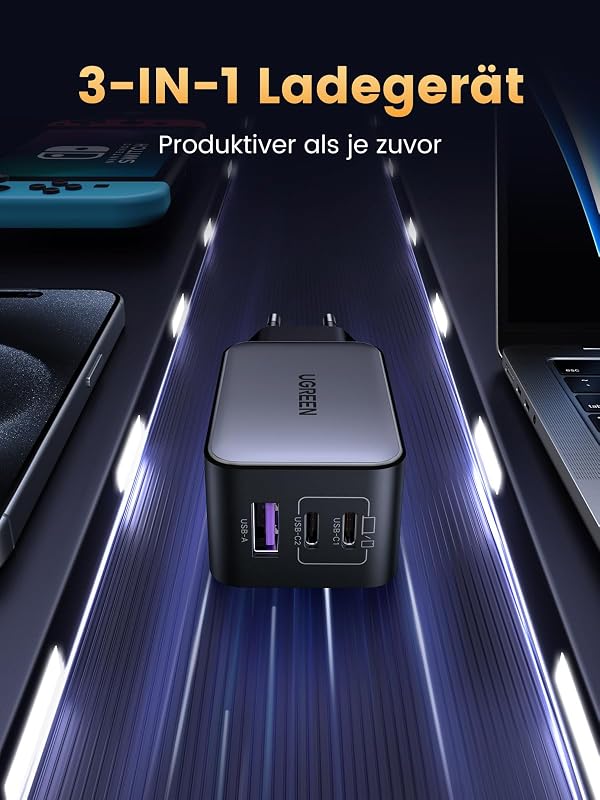 Nexode 65W USB C Ladegerät, 3-Port, GaN Netzteil, PPS Charger 60W