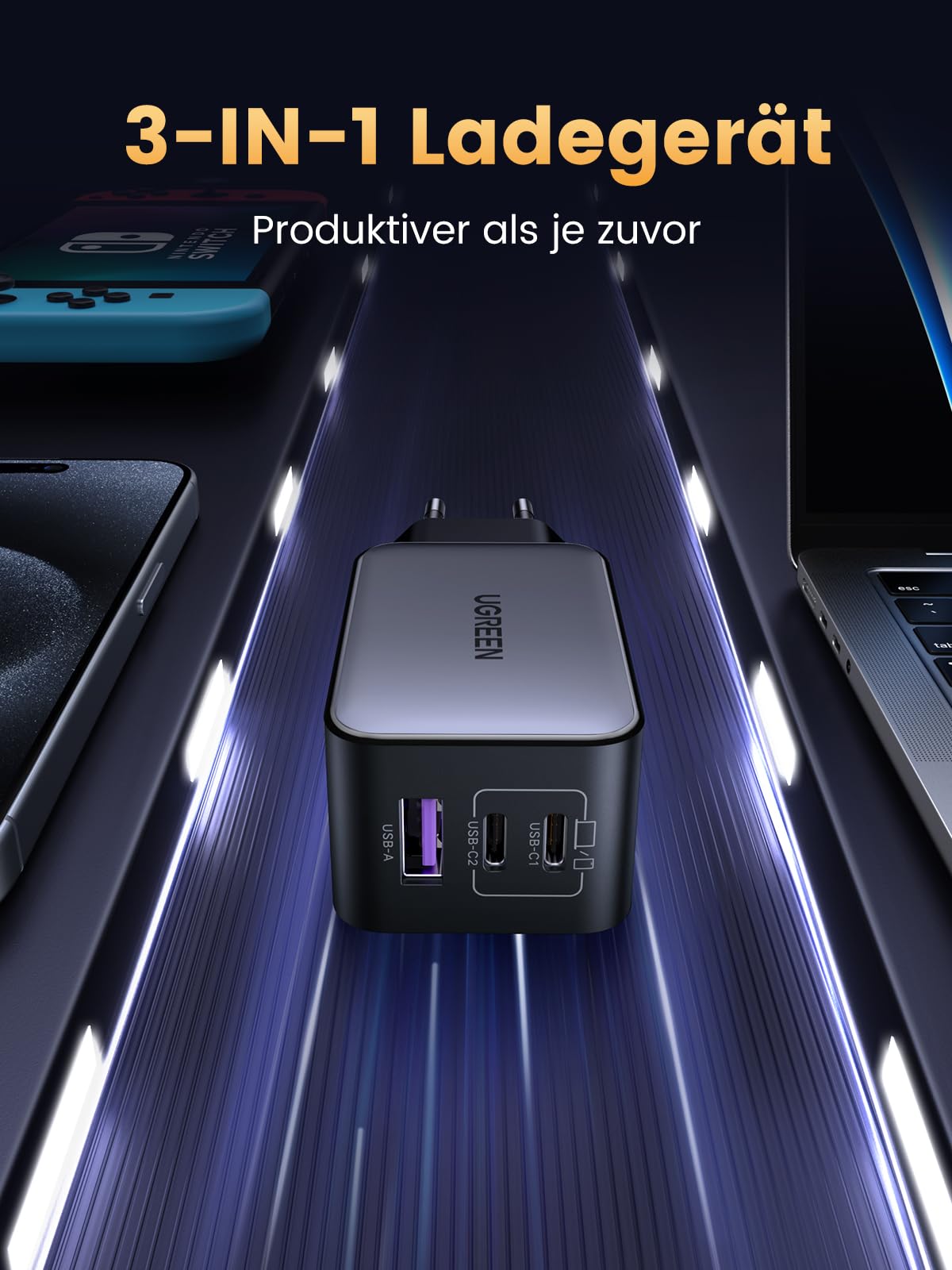 UGREEN Nexode USB C Ladegerät 65W GaN Netzteil 3-Port PD Charger 60W PPS kompatibel mit MacBook Pro/Air, iPhone 17 Pro Max/16/15, iPads, Galaxy S24 Ultra/S23/S22(Schwarz) 3