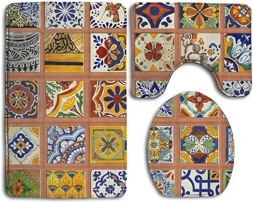 Amazon Com Ccbutba Bathroom Rug Mats Set 3 Piece Talavera Mexican Tiles Extra Soft Bath Rugs 20 X32 Contour Mat 20 X16 And Lid Cover 18 X14 Home Kitchen