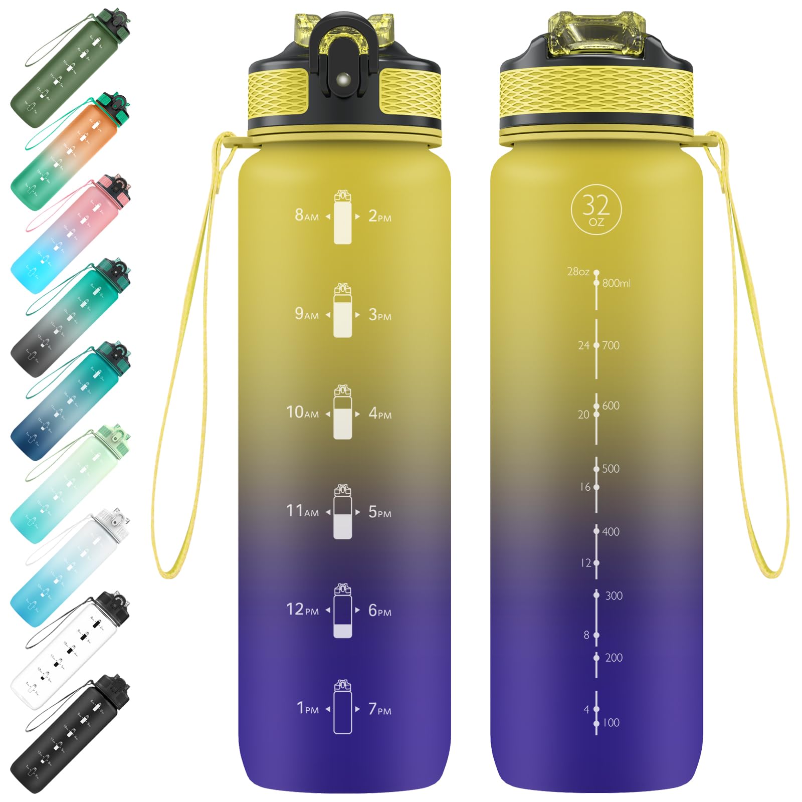 EYQ 1L Water Bottle, 1 Litre Water Bottle with Straw, 32oz Leak-Proof Motivational Sports Drinks Bottle with Time Marker, Tritan BPA-Free, Drinking Waterbottles for Fitness, School, Gym Outdoor Sports